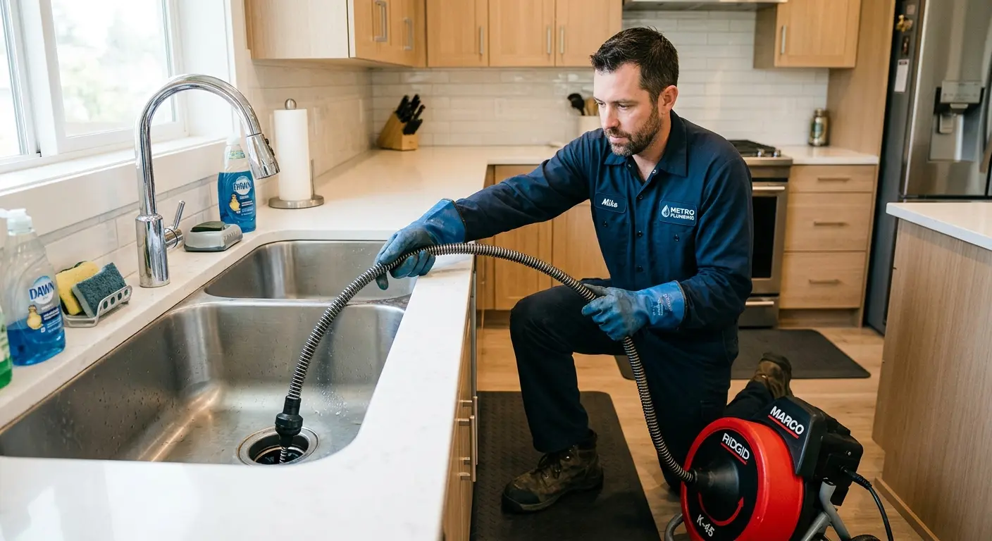 Drain cleaning technician using a motorized snake on a kitchen sink in Holtville