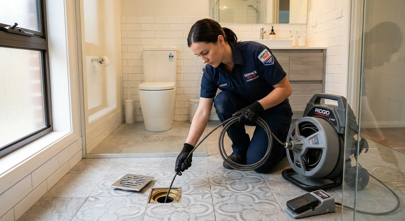 Technician clearing a bathroom floor drain for Drain Repair in Holtville